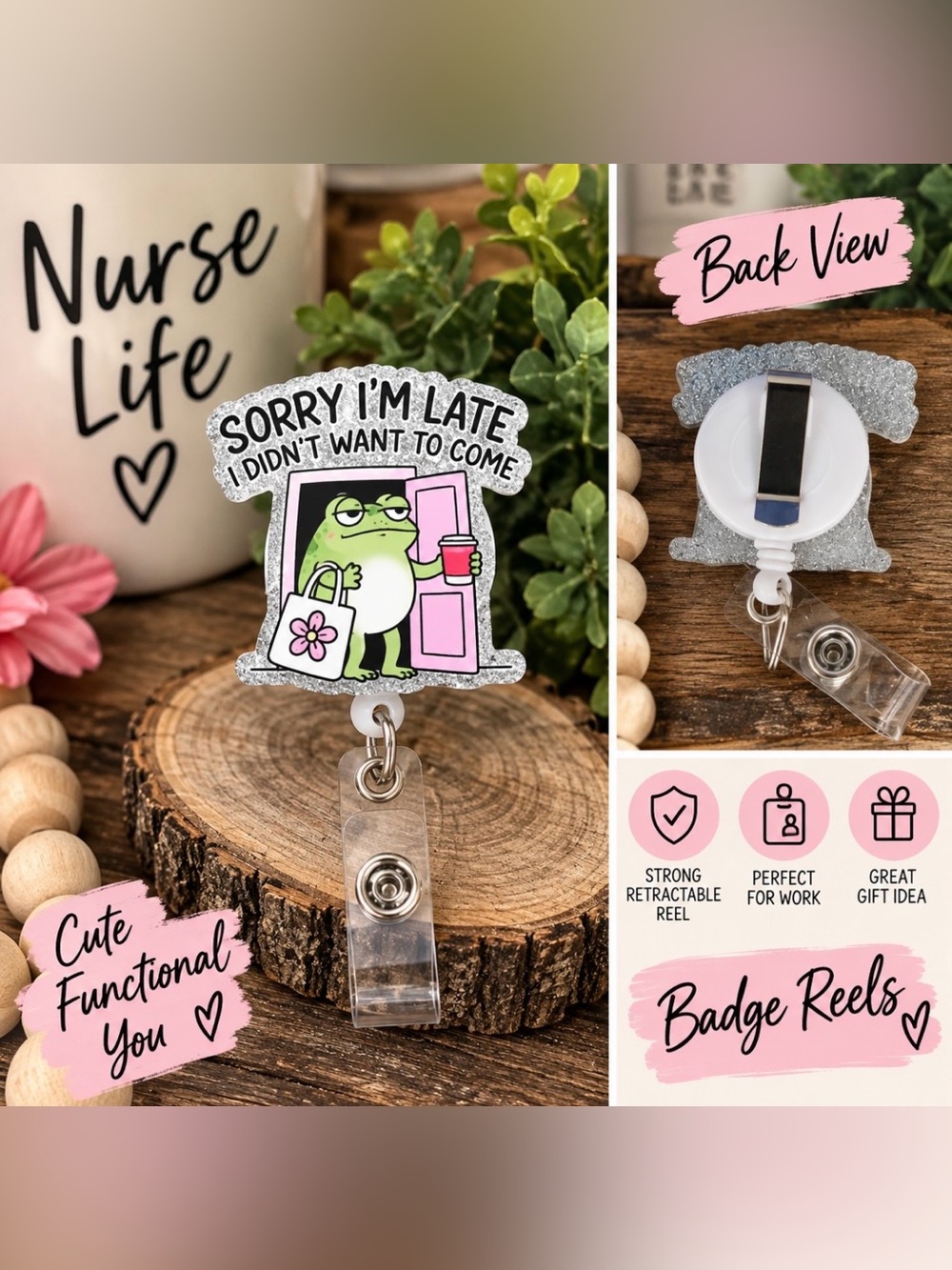 Sorry I'm Late Frog Badge Reel – Pink/Green